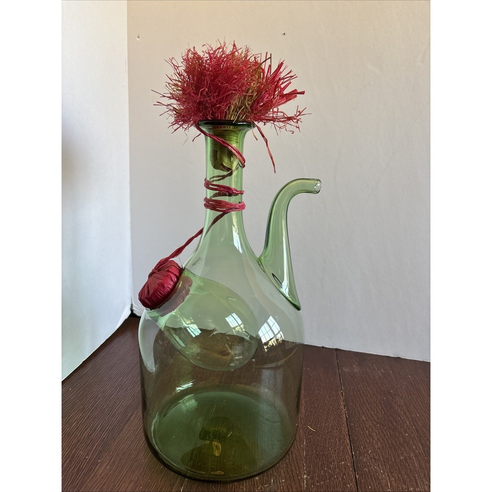 Vintage Princess House Green Glass Wine Decanter Italy Hand Blown w/ Ice Chamber